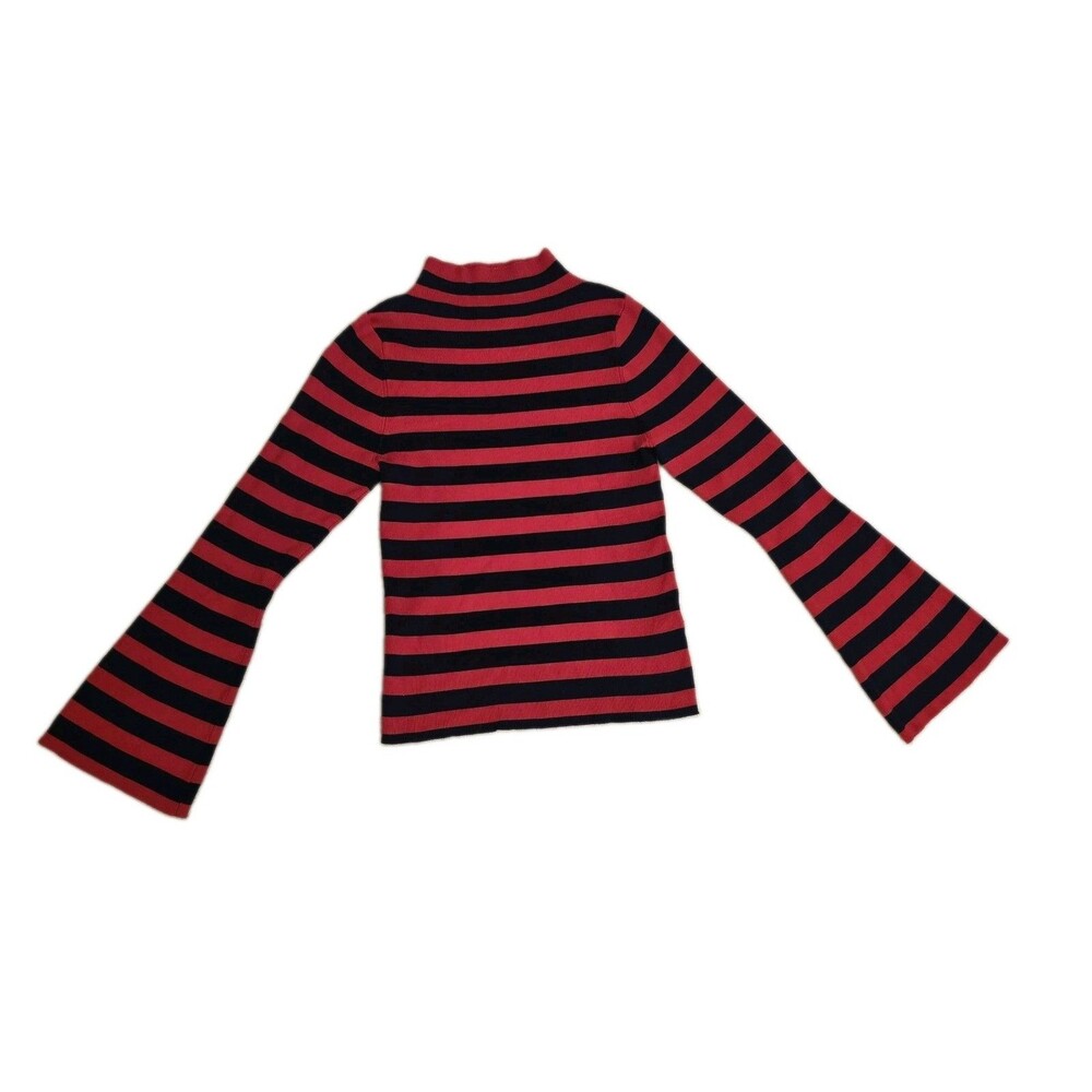 Anthropologie Maeve Striped Mock Neck Sweater Bell Sleeve Black Red, Size Small